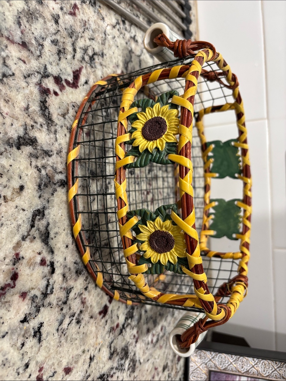 Vintage Sunflower Wire Basket with Yellow wooden Trim